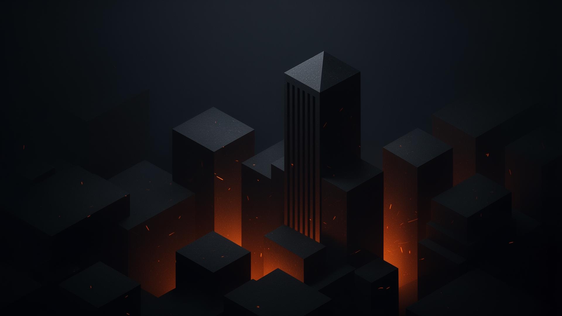 Abstract geometric architecture in dark charcoal and ember orange tones