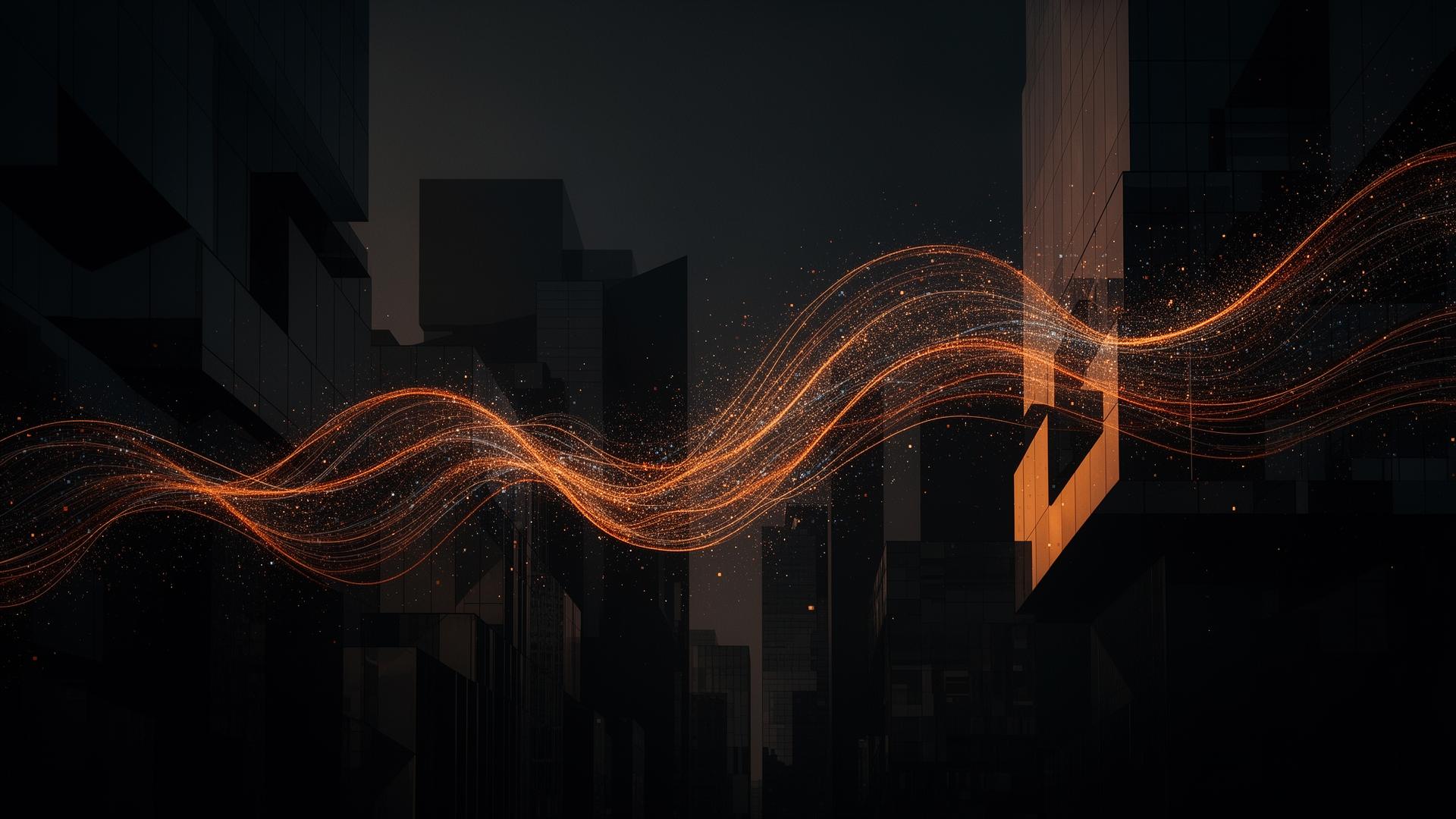 Abstract cinematic city skyline merging with digital data streams, dark charcoal with warm amber light